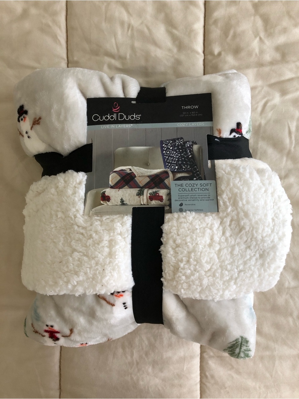 NWT Cuddl Duds Plush Sherpa Throw Reversible Snowman Print 50" x 60"